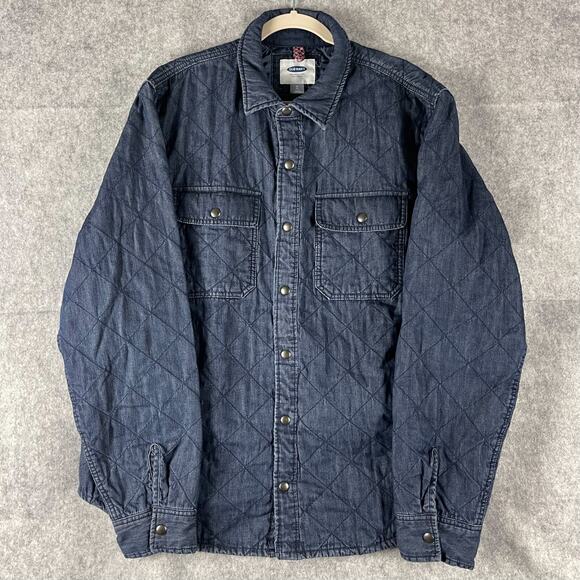 Old Navy Quilted Shirt Shacket Mens XL Blue Chambray Dark Wash Snap Chore Barn - Picture 1 of 14
